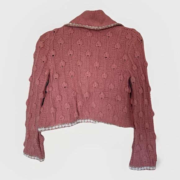 Kenji Handknit Small Pink Cropped Cable Knit Cardigan Shawl Collar Cottagecore - Picture 5 of 7